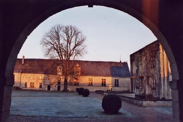 Vue depuis le portail, sous l'arc : le long bâtiment à gauche, la dépendance, l'angle du châtelet à droite, topiaires sur la pelouse givrée.